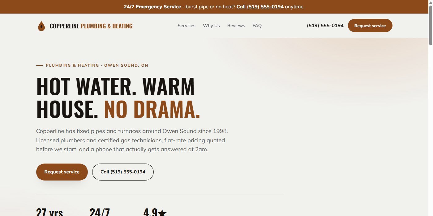 Copperline Plumbing & Heating homepage — dark, copper-accented plumbing and heating site.
