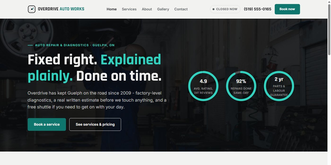 Overdrive Auto Works homepage — auto repair and diagnostics site with animated dashboard gauges.