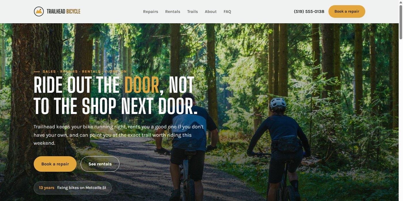 Trailhead Bicycle Co. homepage — bicycle sales, repairs and rentals with full-bleed trail photography.